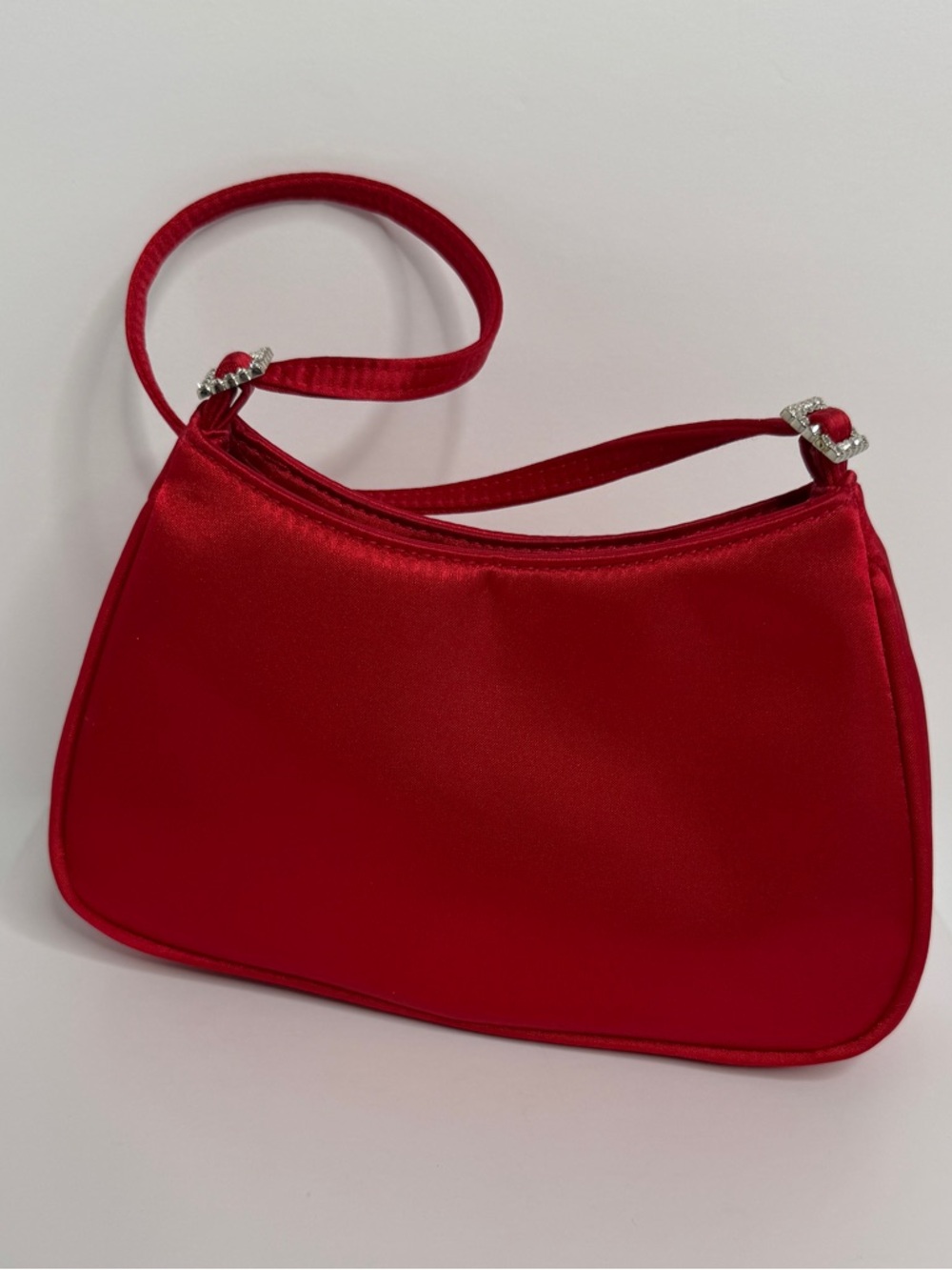 LIZ CLAIBORNE Red Satin Evening Bag with Rhinestone Buckles